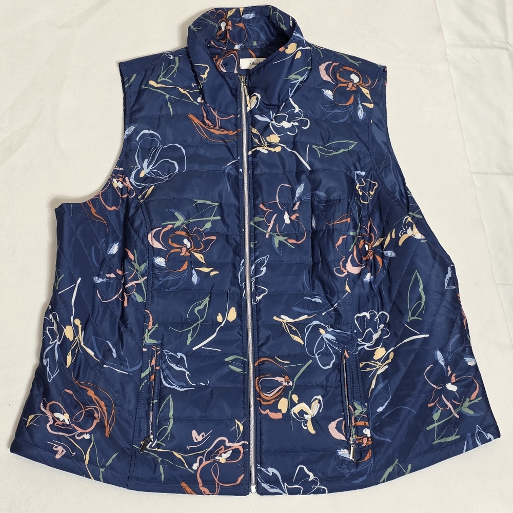 CJ Banks Floral Quilted Vest Womens 3X Blue Full Zip Lightweight Puffer